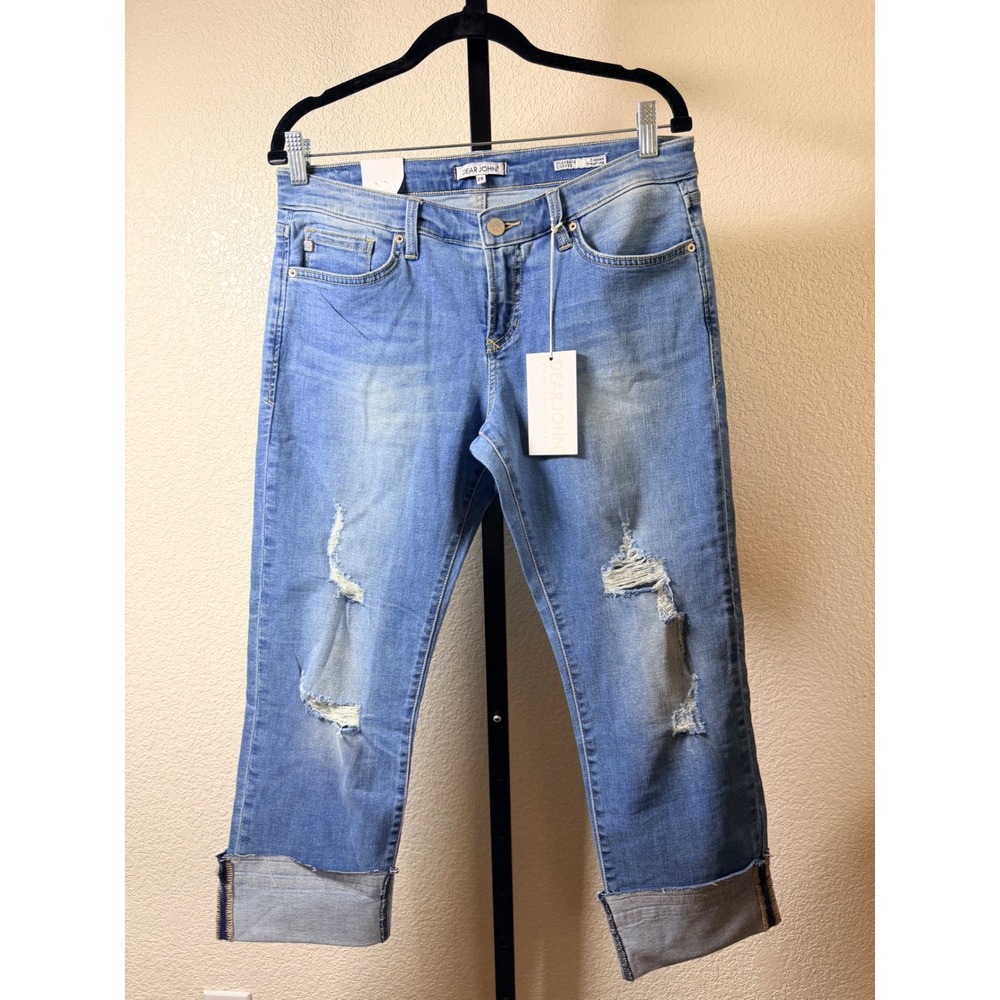 Dear John Playback Cuffed Cropped Straight Leg Distressed Jeans Light Size 29